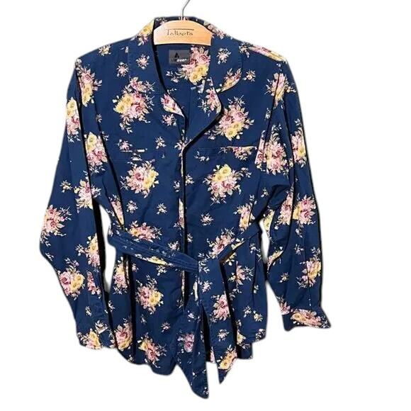 LIZ Wear Navy Blue Floral Blouse with Tie Belt Long Sleeve Top - Picture 2 of 8